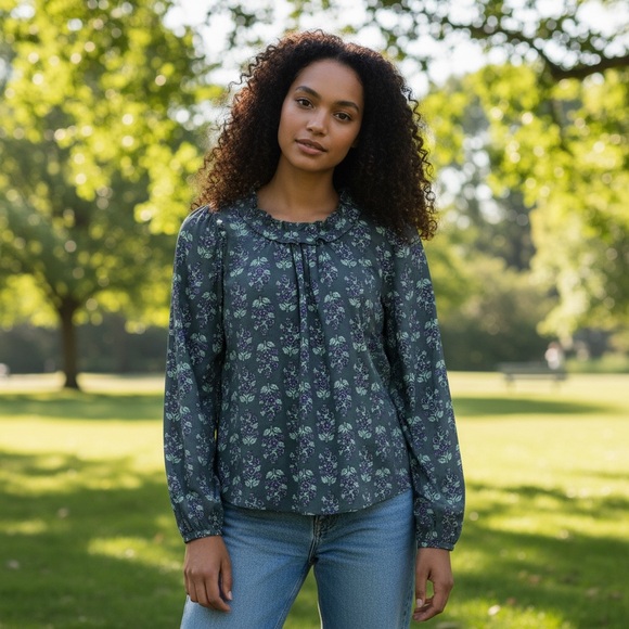 J. Crew Tops - J. Crew Long-Sleeve Ruffleneck Poplin Blouse Teal & Purple Floral Print W Small